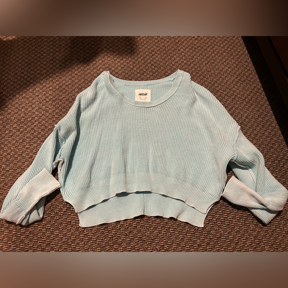 aerie Pastel Blue Cropped Ribbed Crew Sweater